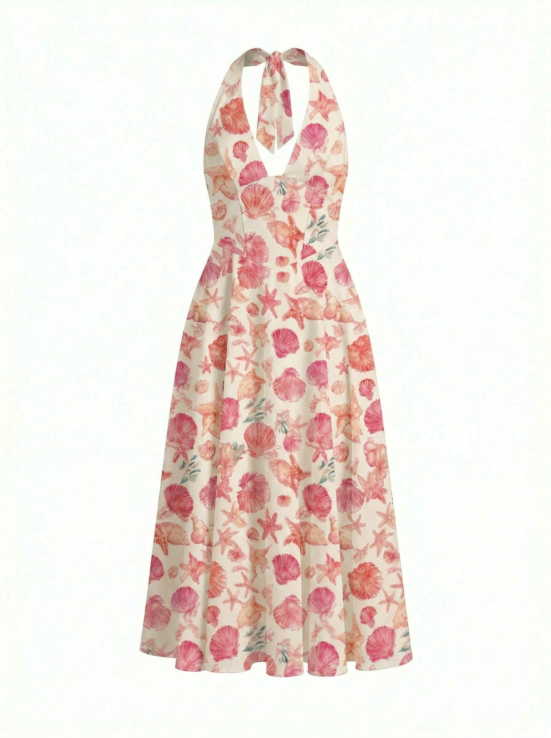 Floral Print Halter Neck Tie Back Midi Dress