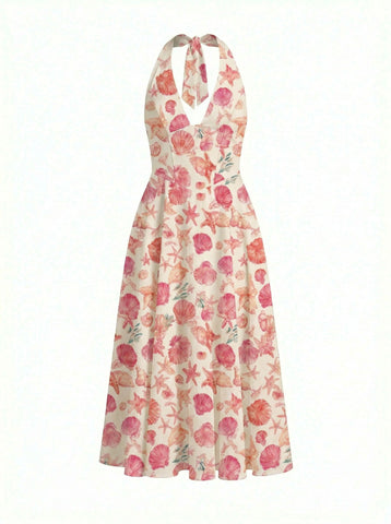 Floral Print Halter Neck Tie Back Midi Dress