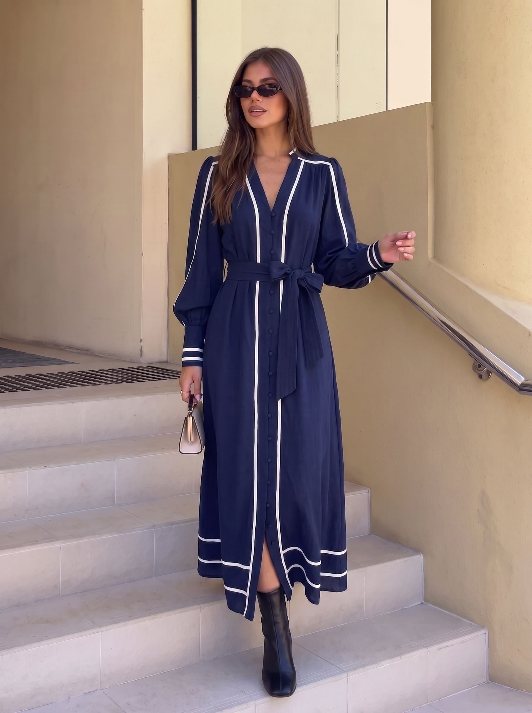 Elegant Belted Contrast Trim Maxi Dress