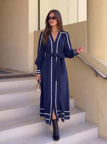 Elegant Belted Contrast Trim Maxi Dress