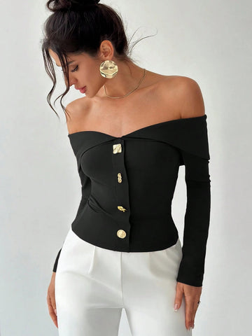Elegant Off Shoulder Button Down Top