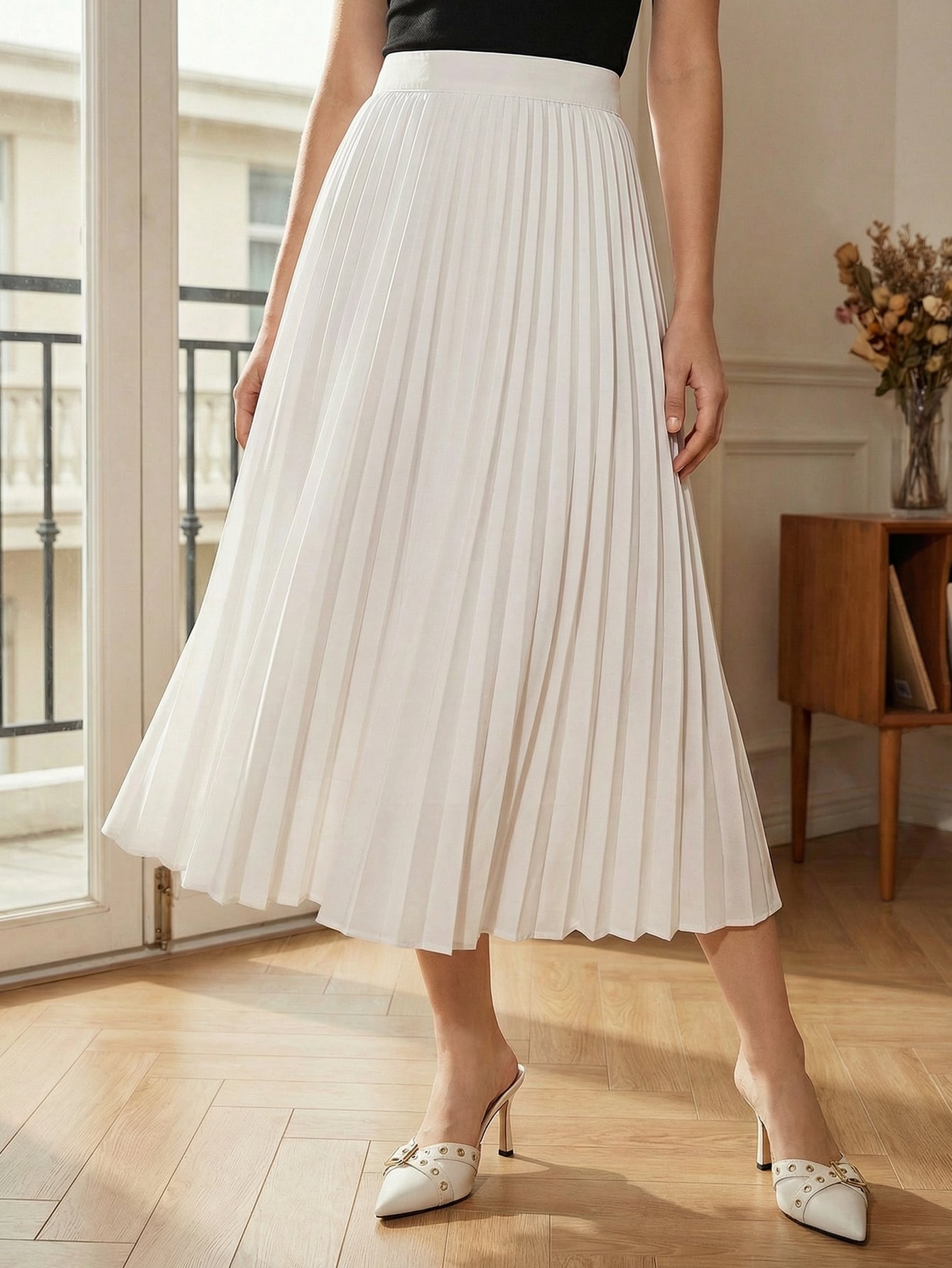 Pleated Wedding-Guest Midi Skirt-White