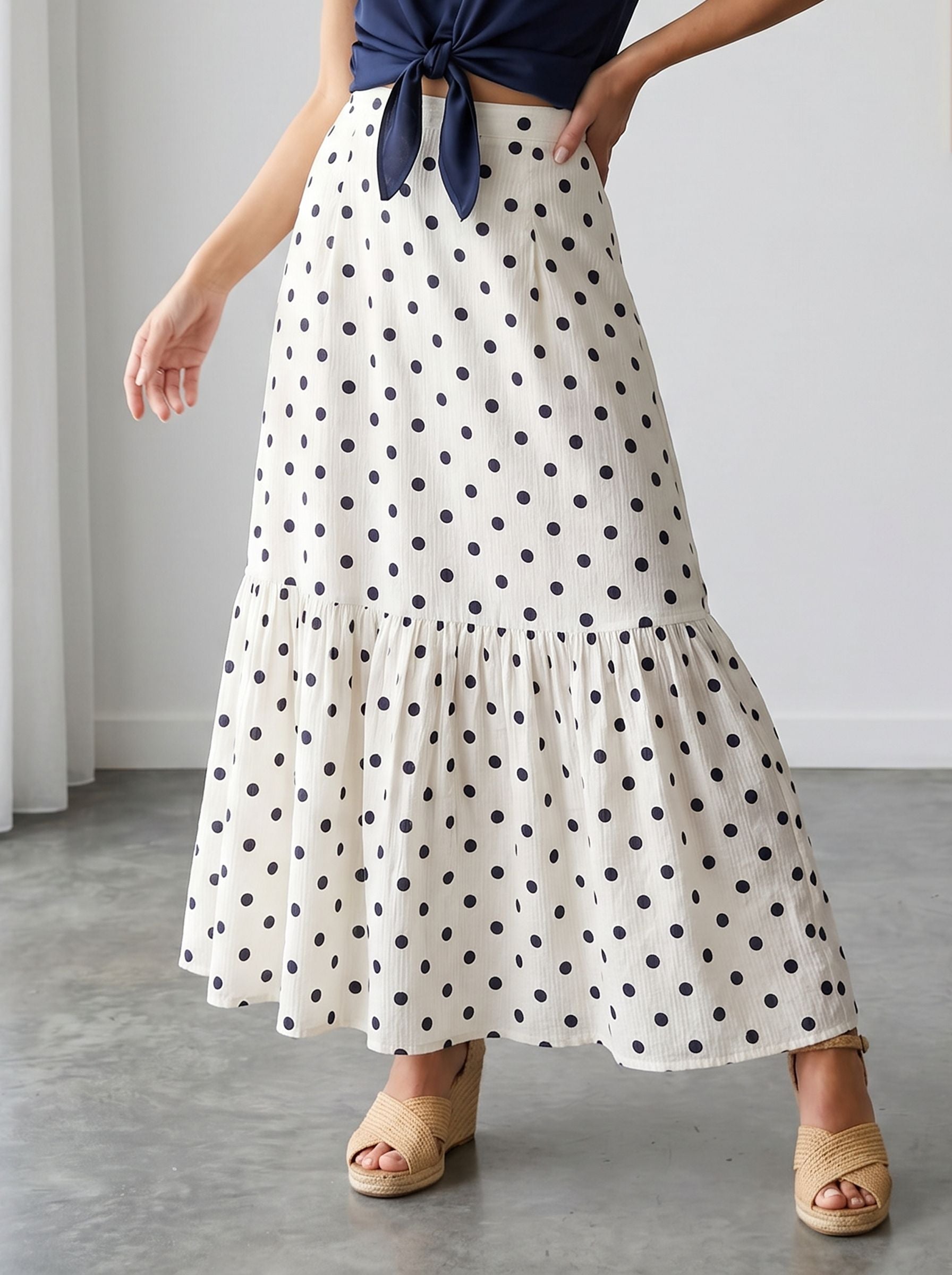 High Waisted Polka Dot Midi Skirt