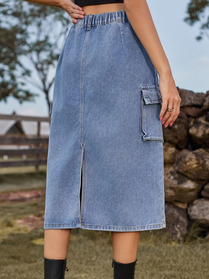 High Waisted Cargo Denim Midi Skirt
