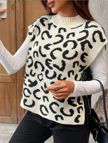 Leopard Print Mock Neck Sweater Vest