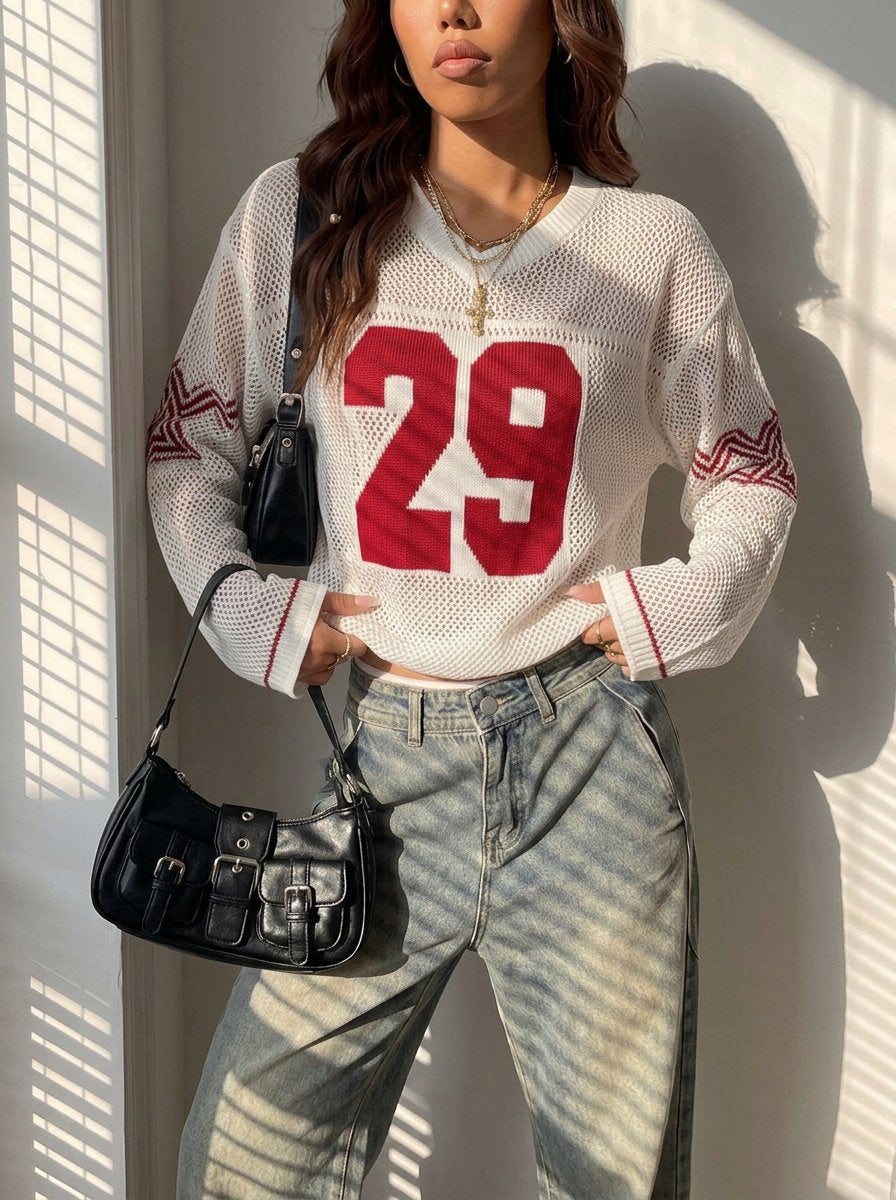 Oversized Graphic Mesh V Neck Sweater
