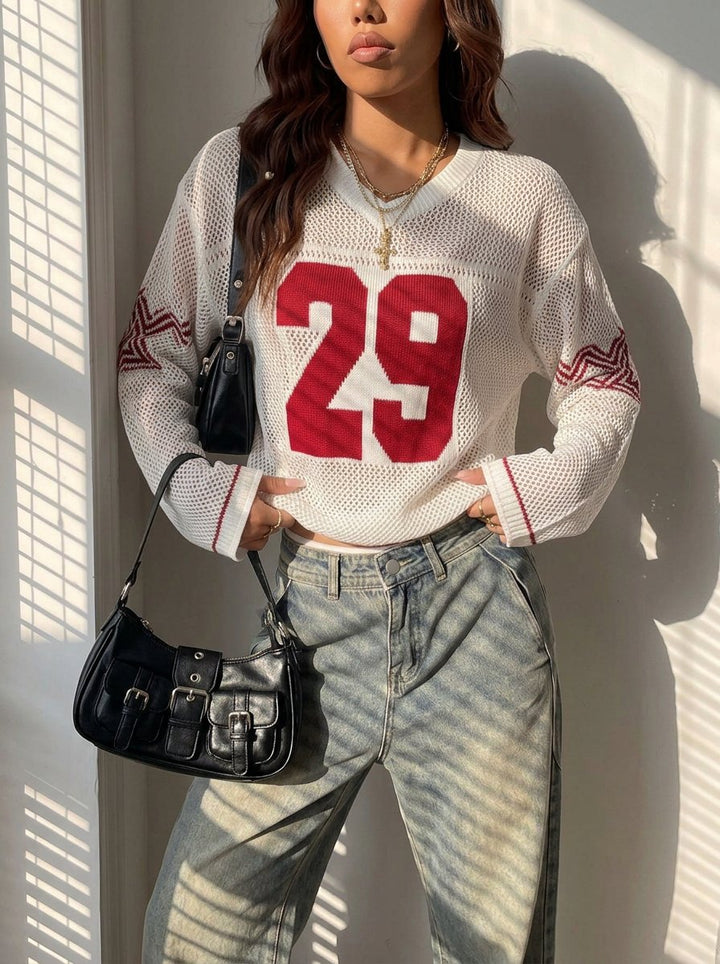 Oversized Graphic Mesh V Neck Sweater