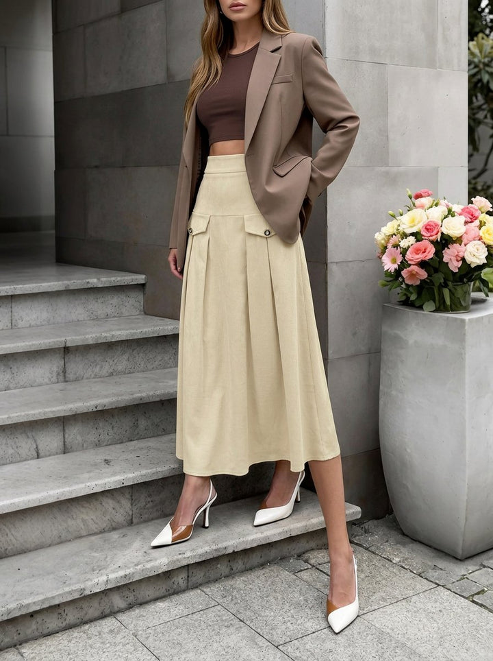High Waisted Pleated Midi Skirt