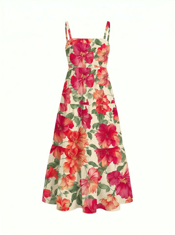 FLORA Floral Print Tiered Strap Midi Dress