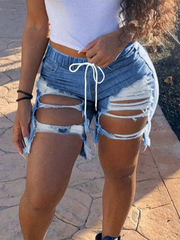 Drawstring-Waist Ripped Casual Denim Shorts-Black