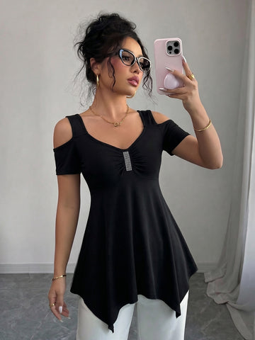 Cold Shoulder Embellished Peplum T-Shirt