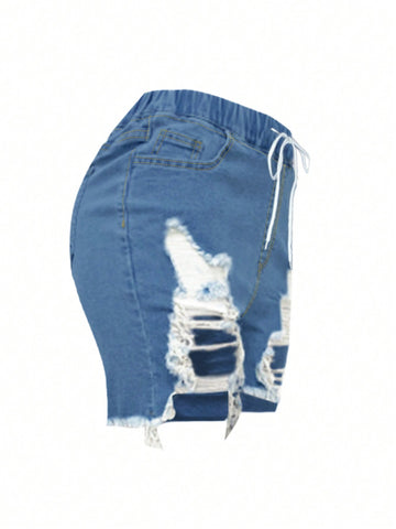 Drawstring-Waist Ripped Casual Denim Shorts-Black