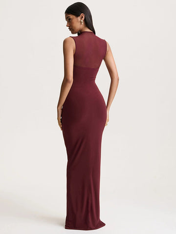 Mesh Mock Neck Ruched Maxi Dress