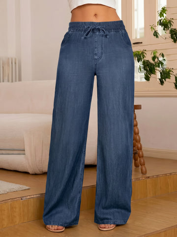 Comfy Drawstring Wide Leg Denim Pants