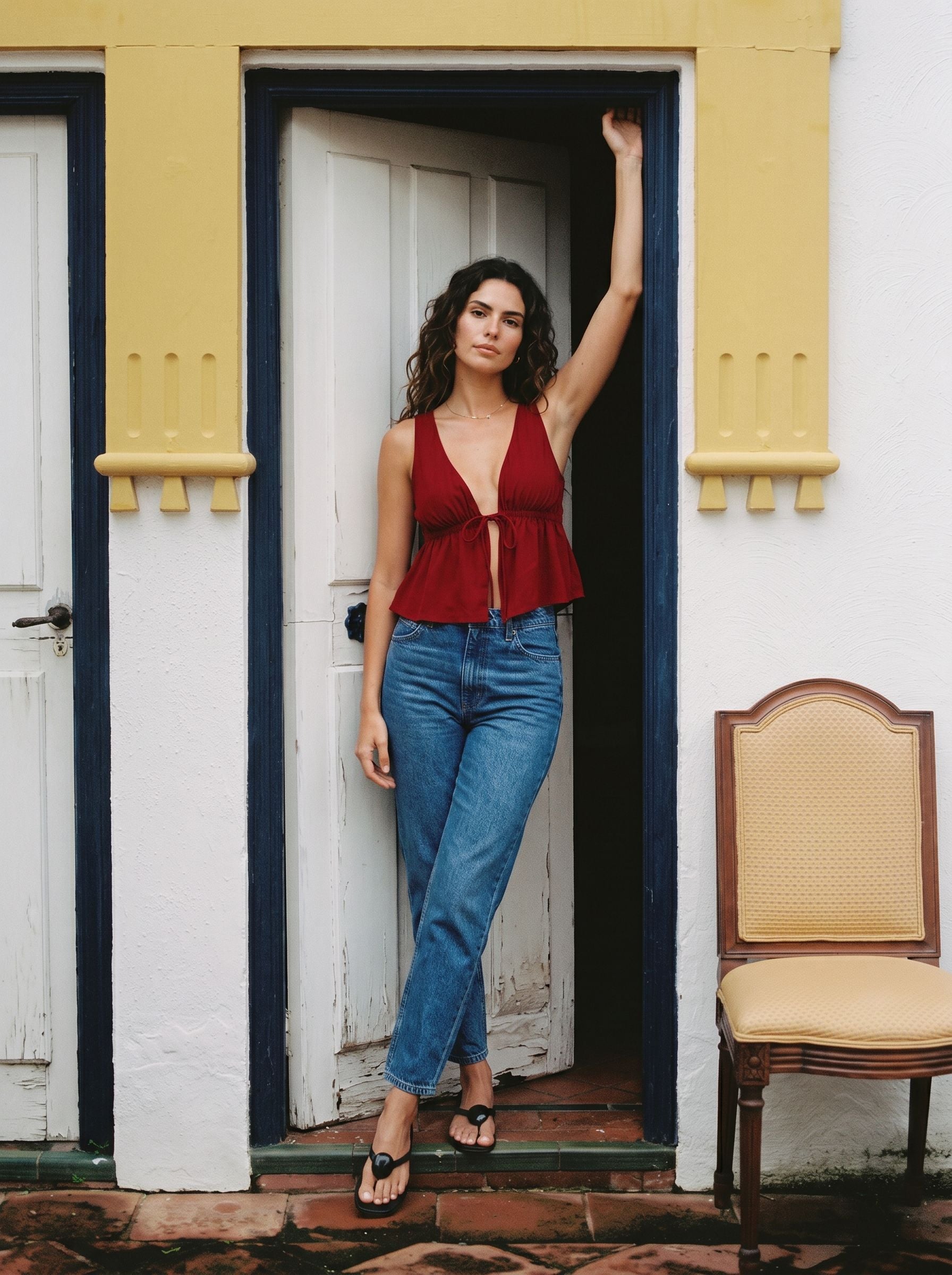 Plunging V Neck Peplum Chiffon Top
