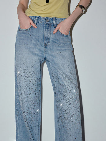 Rhinestone Embellished Wide Leg Jeans