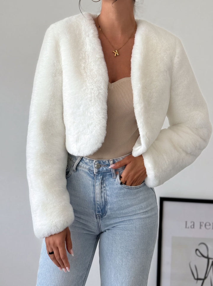 Elegant Cropped White Faux Fur Jacket
