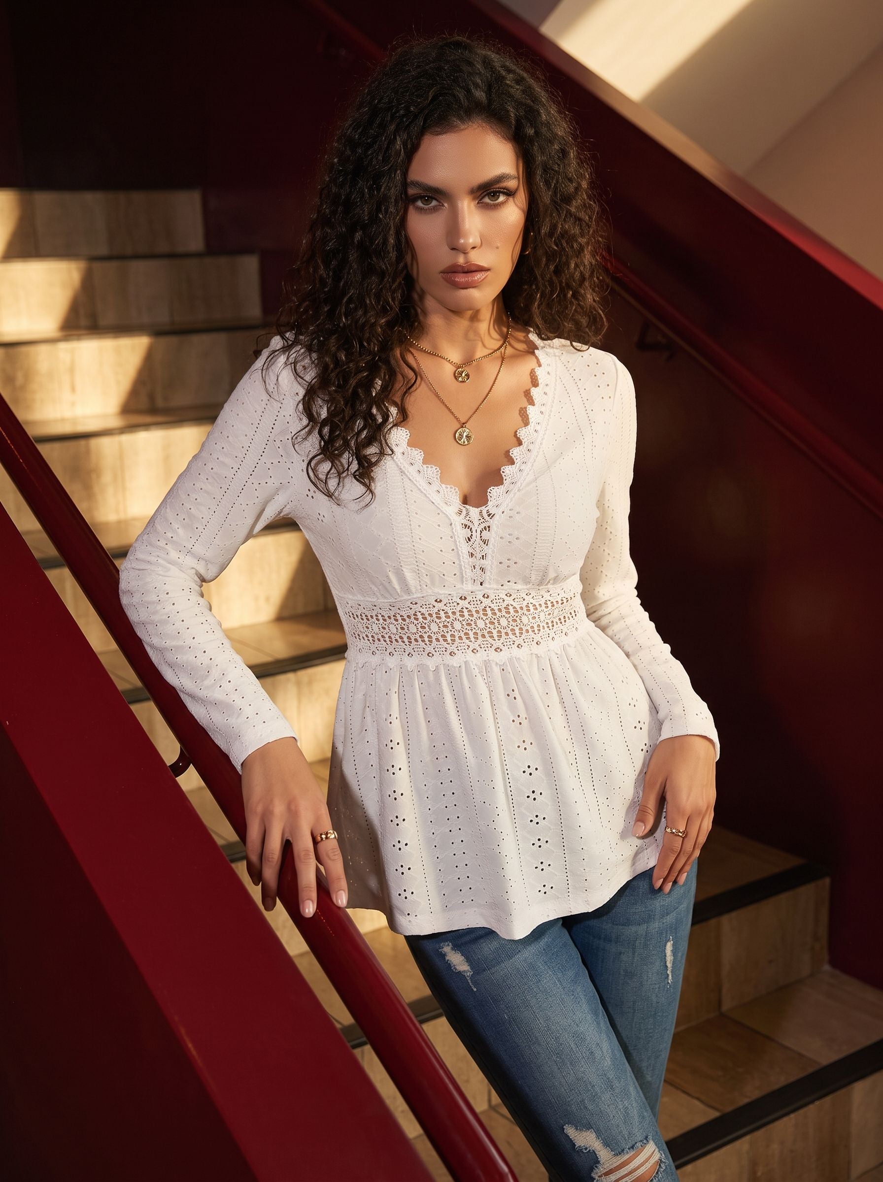 Elegant Eyelet Lace Peplum Blouse