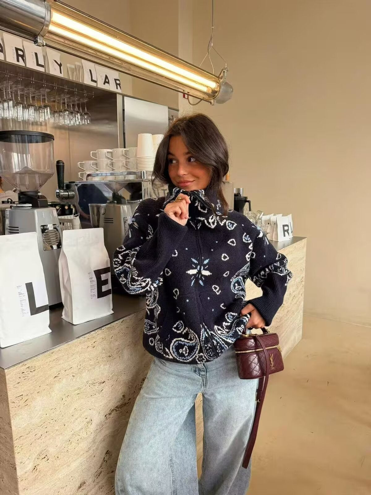 Oversized Bandana Print Zip Cardigan