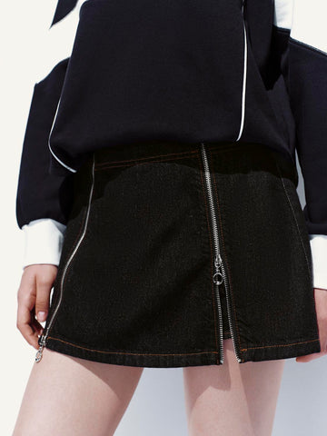 Urban Revivo Zip Décor Denim Mini Skirts-Black