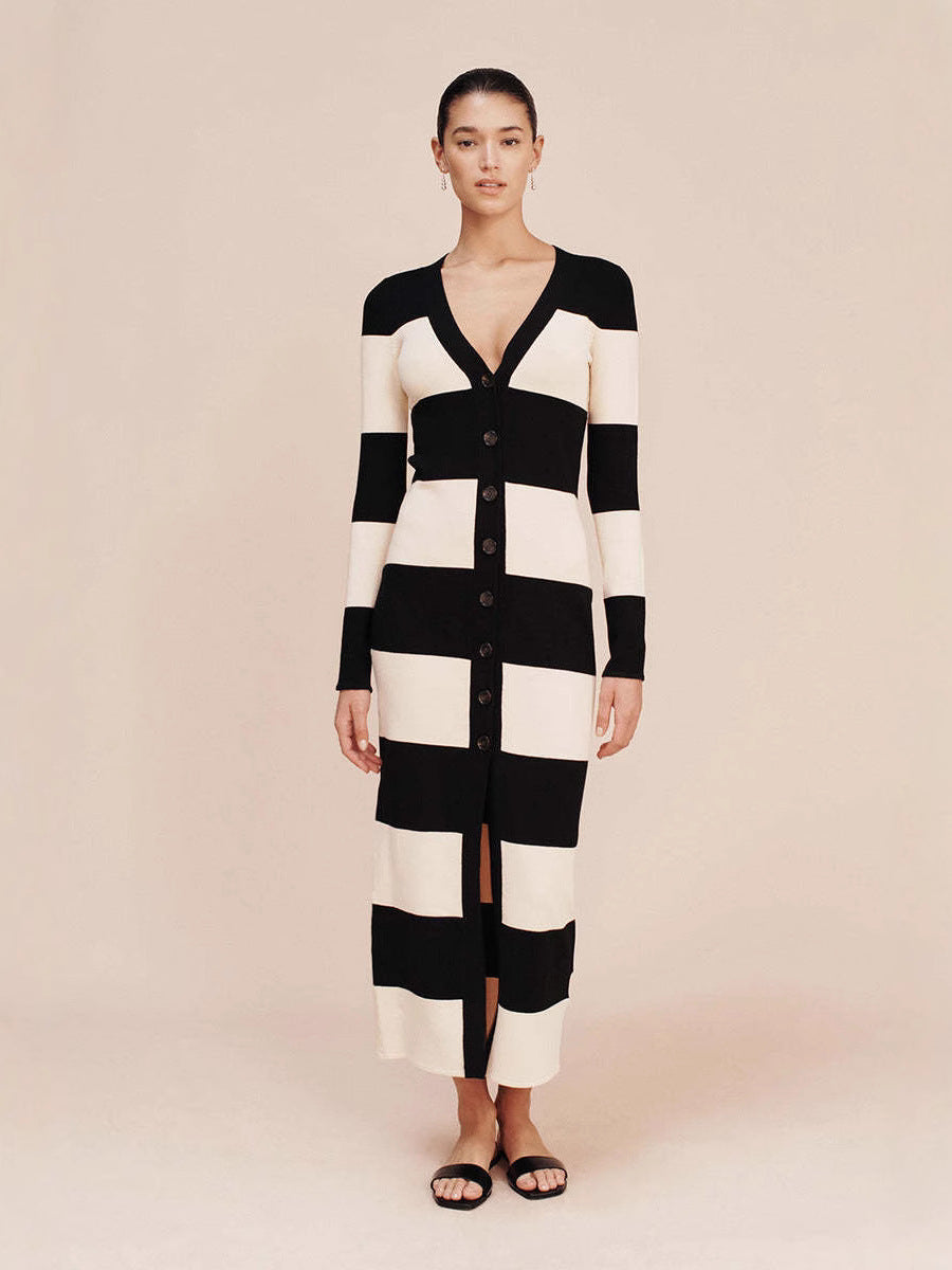 Striped Button Down Knit Midi Dress