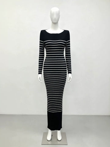 Striped Off Shoulder Ribbed Sweater Dress
