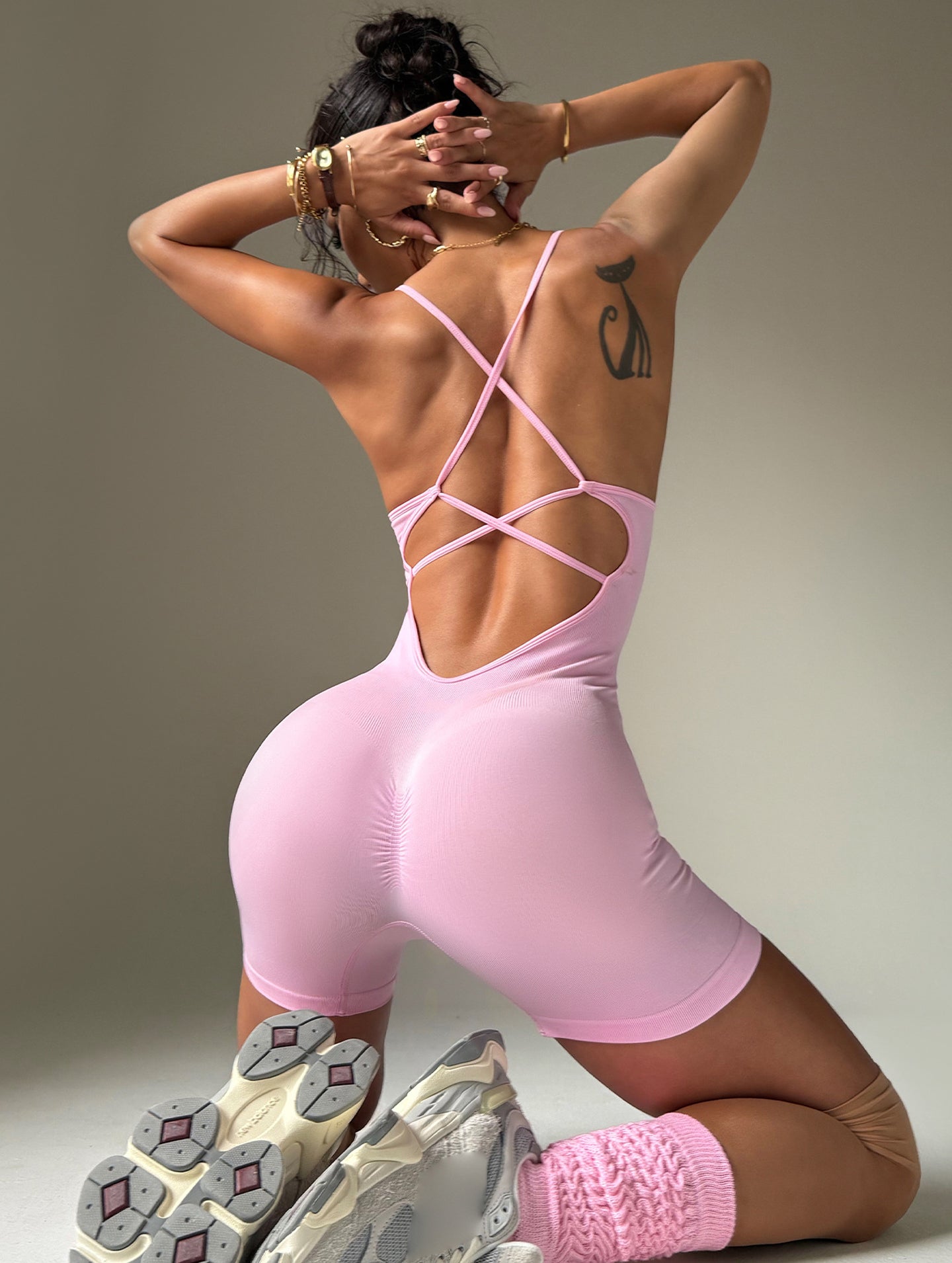 Scoop-Neck Sleeveless Daily Basic Romper-Pink