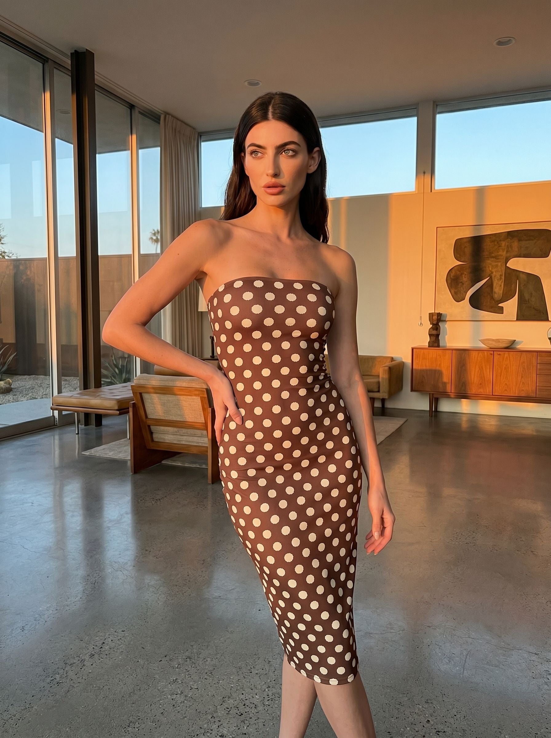 tsitsi natriashvili's Brown Polka Dot Print Midi Dress
