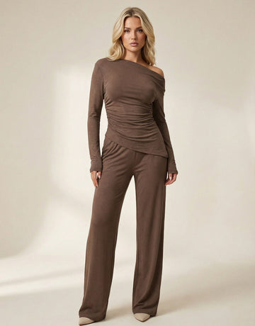 Off-Shoulder Wrap-Waist Top Wide-Leg Pants Elegant Set