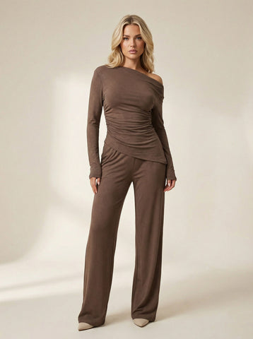Off-Shoulder Wrap-Waist Top Wide-Leg Pants Elegant Set