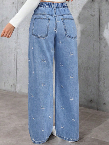 Embroidered Bow Wide Leg Jeans