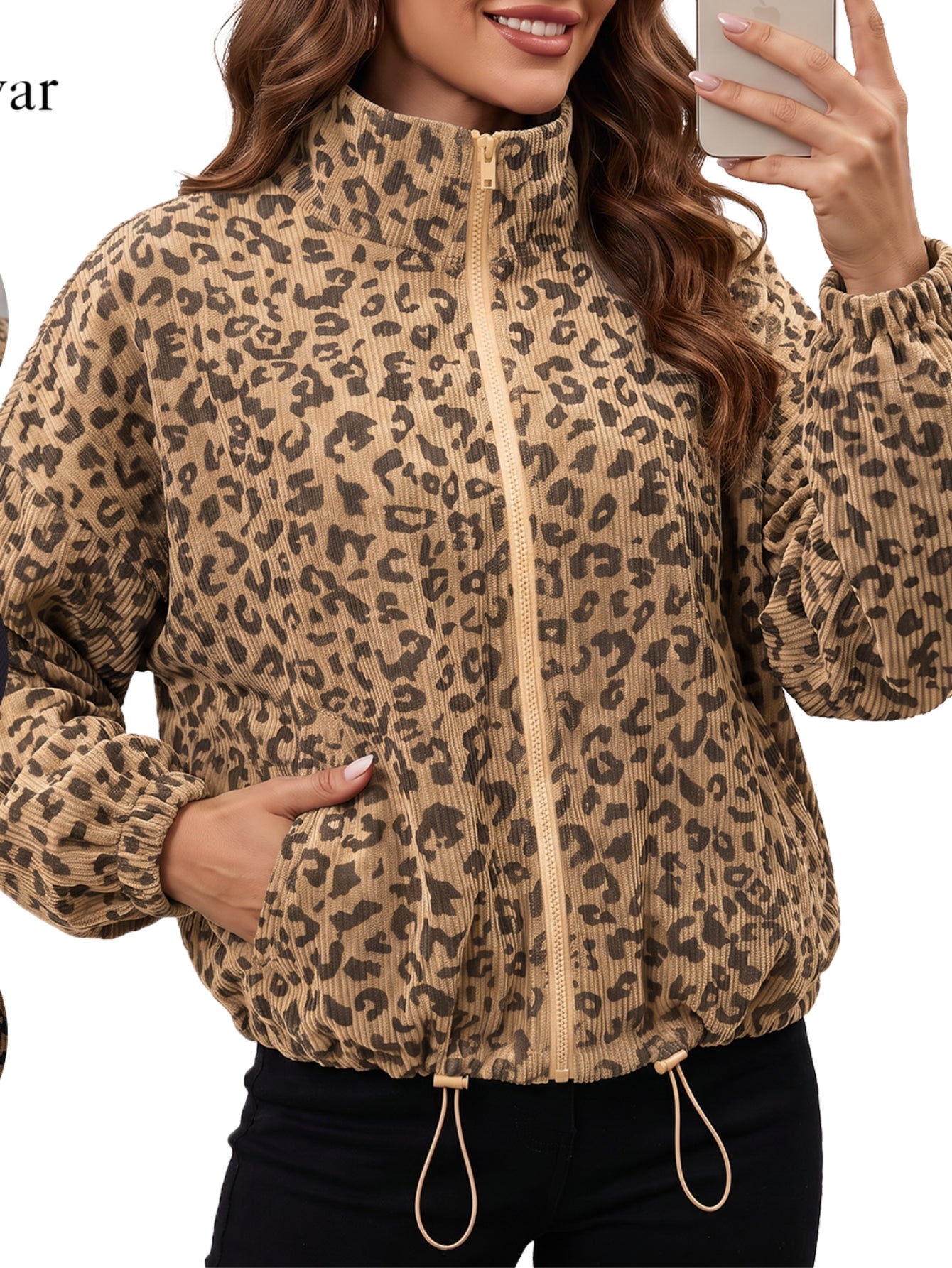 Leopard Print Corduroy Zip Up Jacket