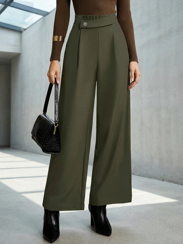 High-Waisted Wide-Leg Button-Front Classic Pants-Multicolor