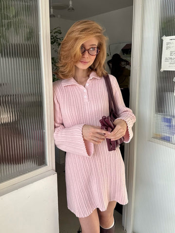 Ribbed Collared Long Sleeve Sweater Dress