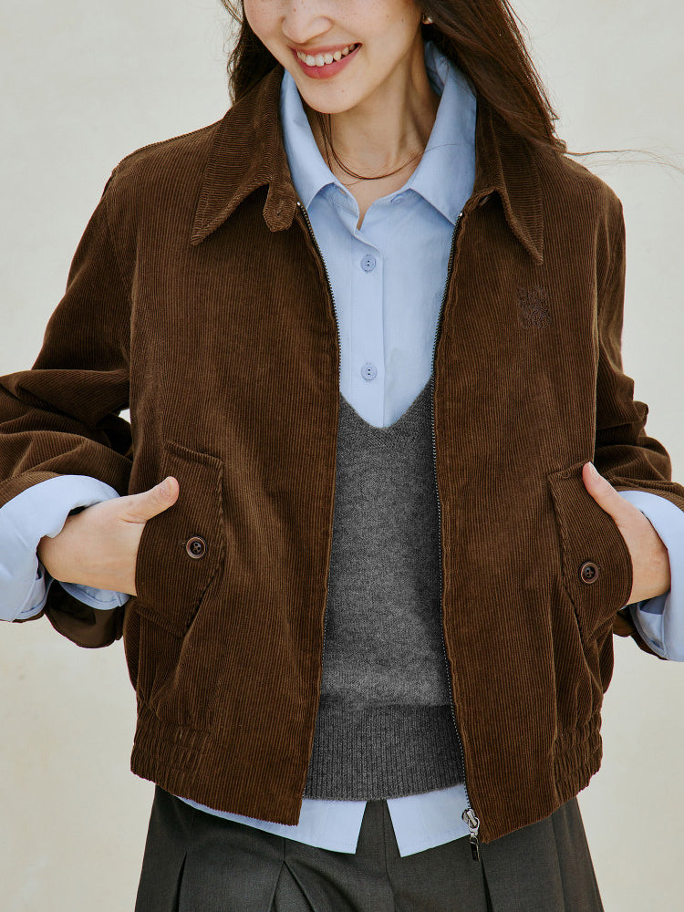 Embroidered Corduroy Casual Bomber Jacket