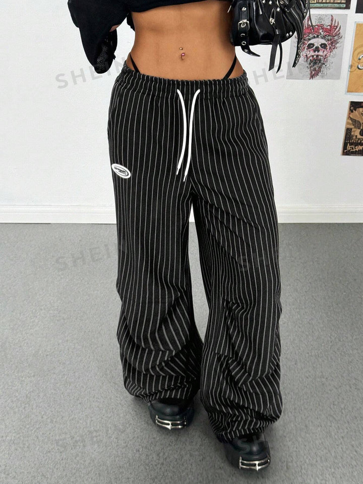 Pinstripe Drawstring Baggy Wide Leg Pants