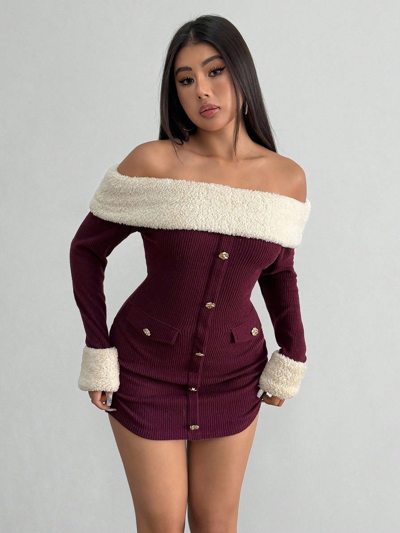 Faux Fur Trim Off Shoulder Dress