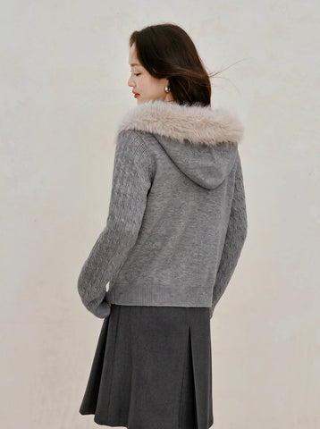 Faux Fur Hooded Cable Knit Cardigan