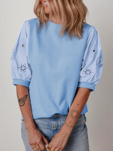 Embroidered Puff Sleeve Chiffon Blouse
