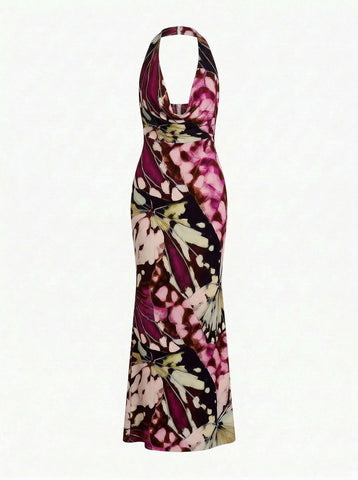 LILA Floral Print Cowl Neck Bodycon Midi Dress