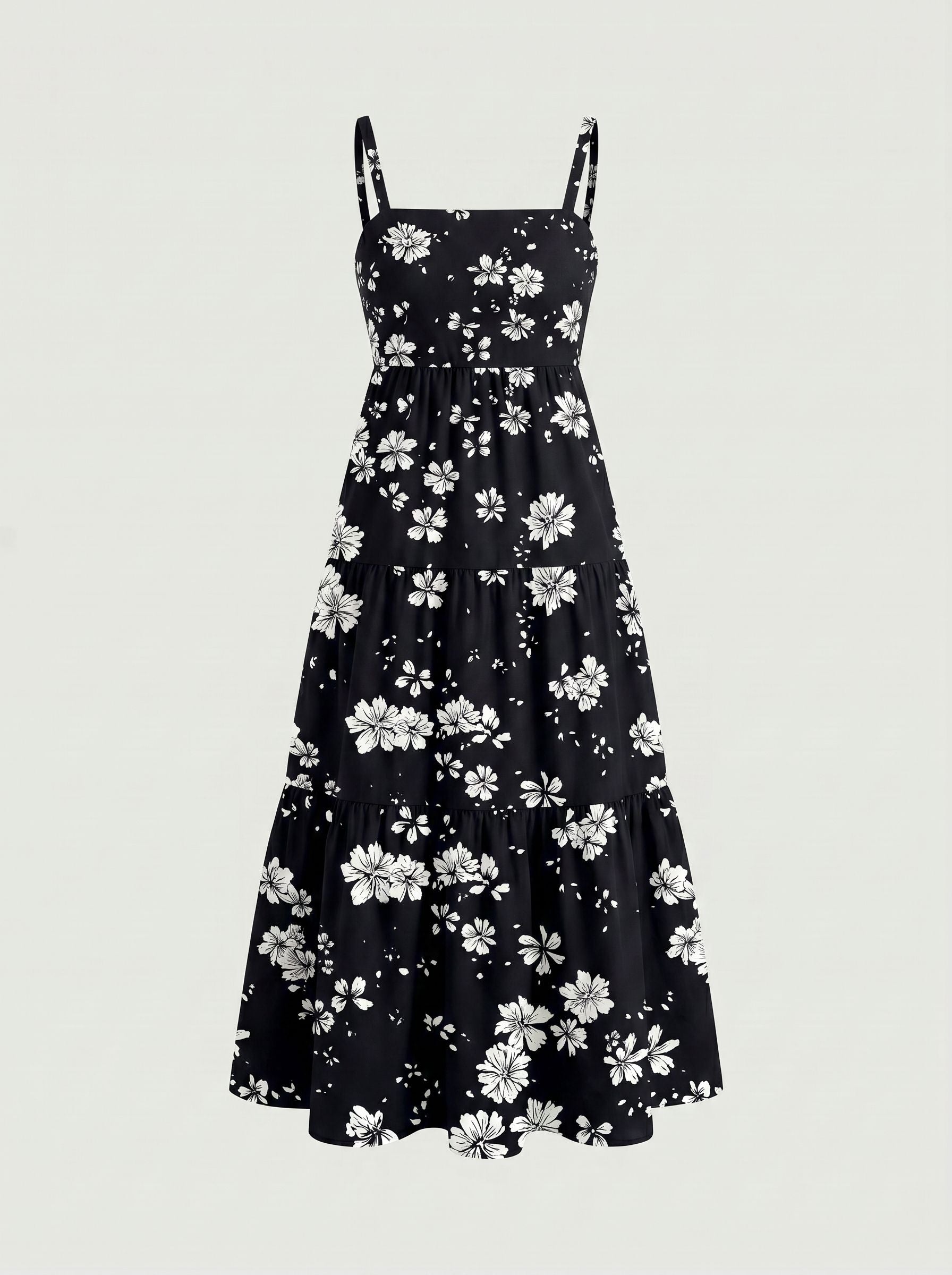 FLORA Floral Print Tiered Strap Midi Dress
