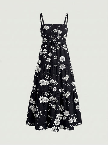 FLORA Floral Print Tiered Strap Midi Dress