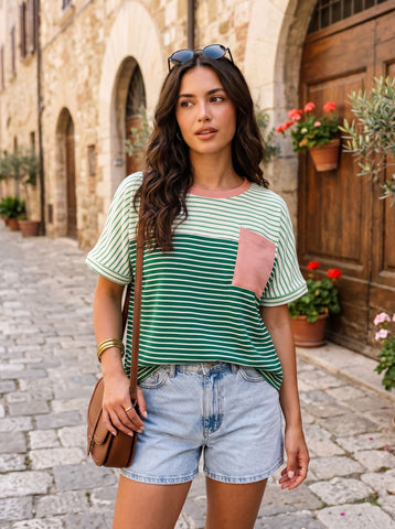 Colorblock Striped Pocket Cotton T Shirt