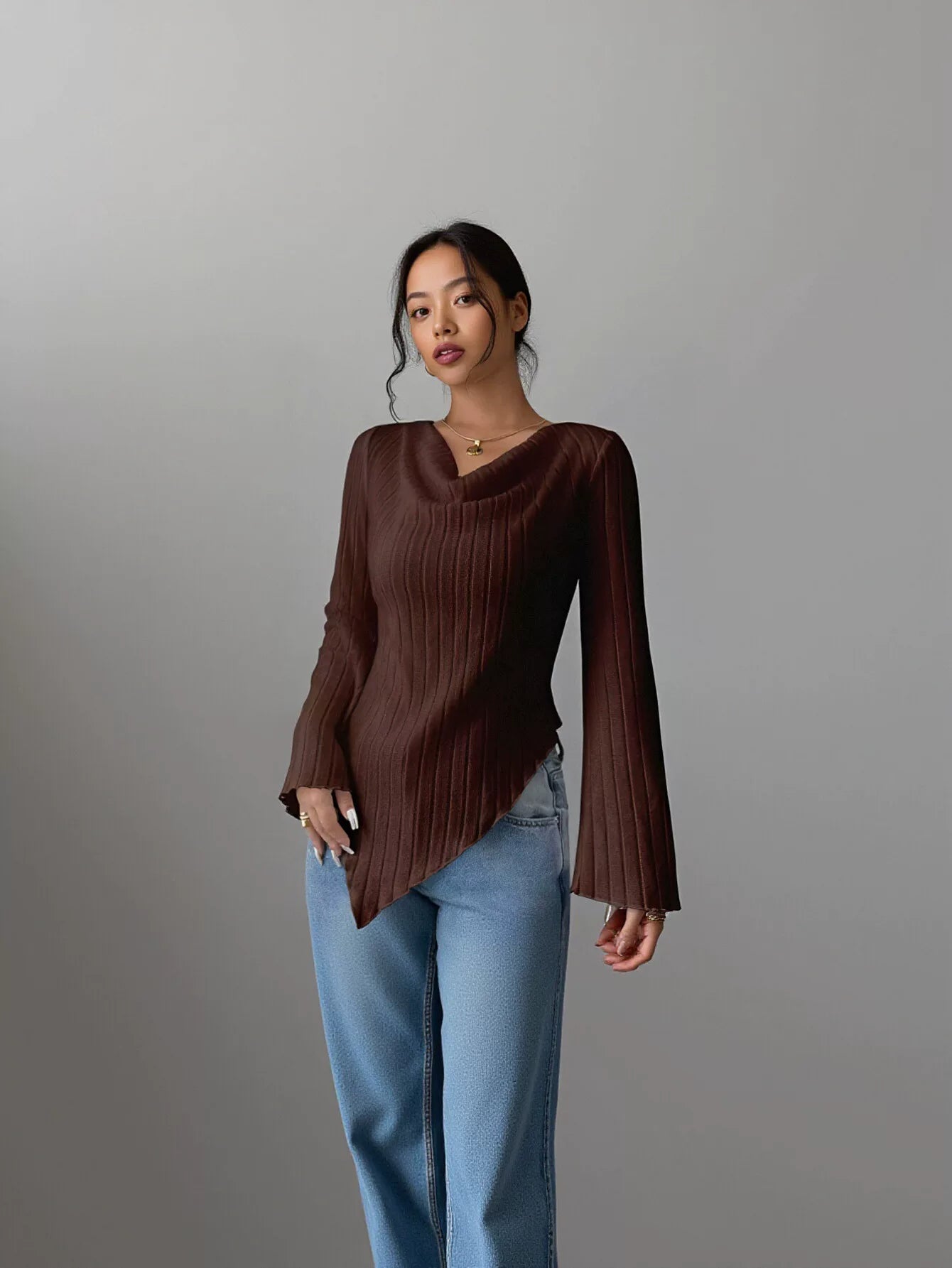 Ribbed Cowl Neck Flare Sleeve Top