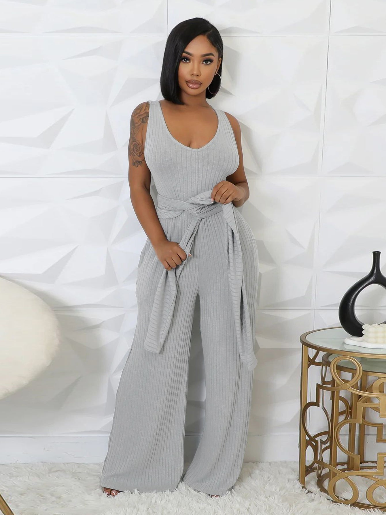 Deep V Neck Pockets Relaxed Jumpsuit