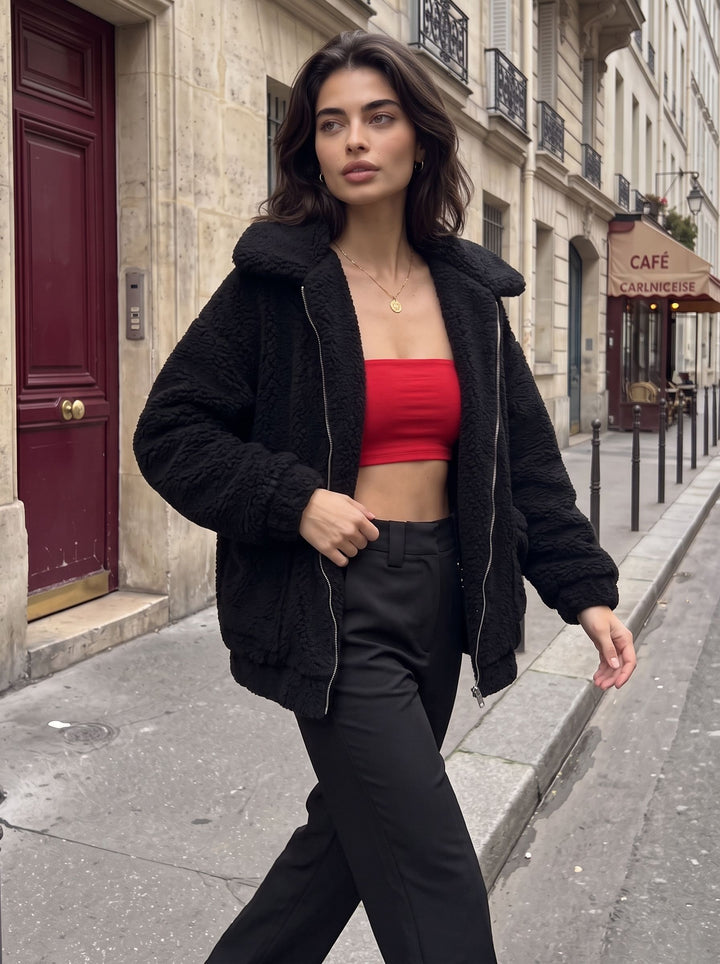 Cozy Oversized Black Teddy Jacket