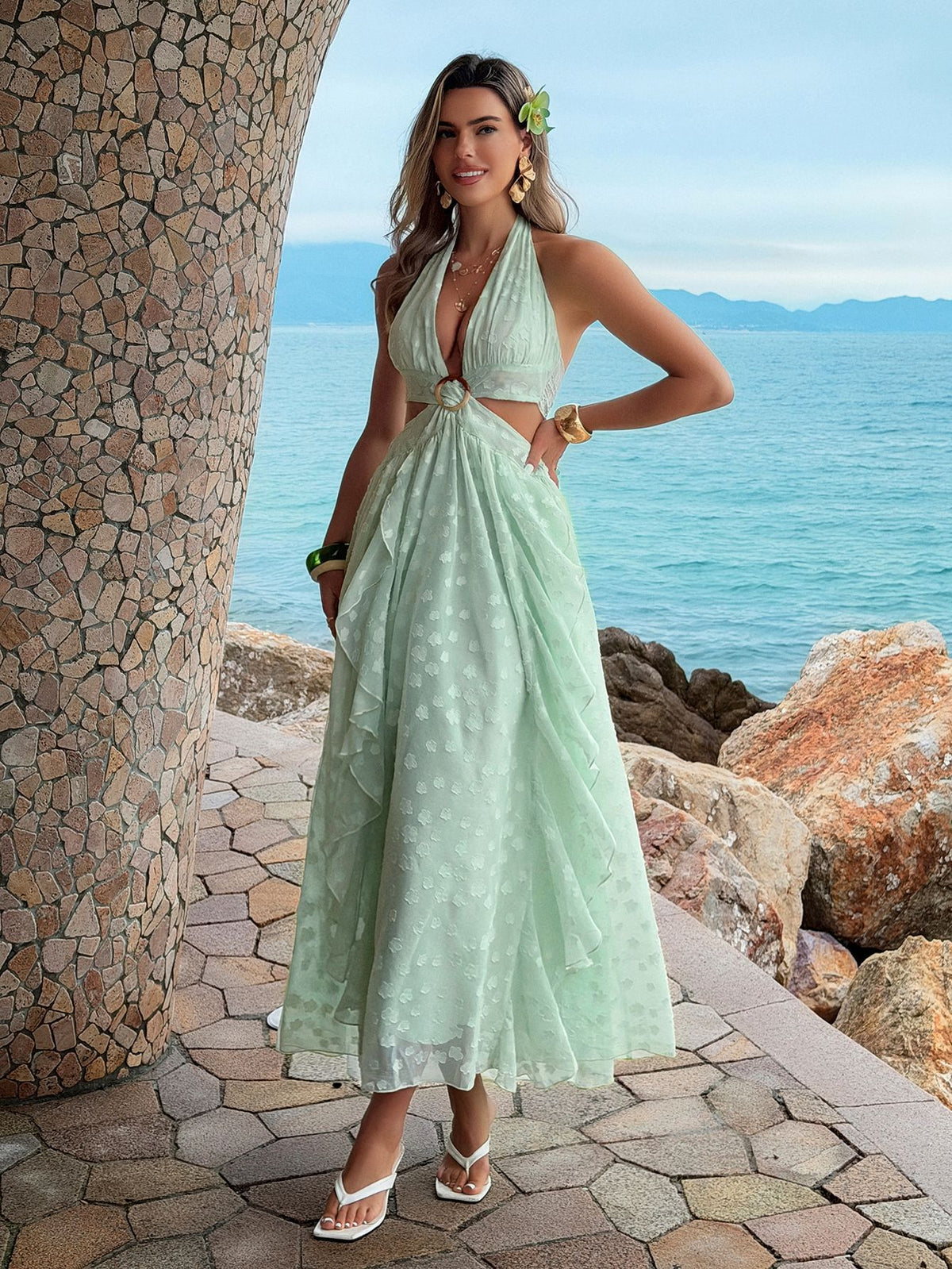 Cutout Halter Ruffle Maxi Dress