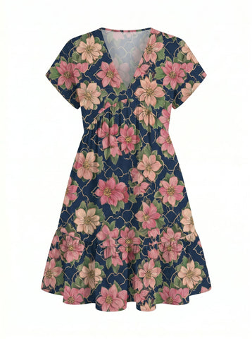 Floral Print V Neck Tiered Babydoll Mini Dress