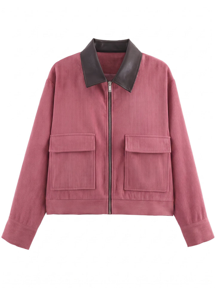 Contrast Collar Corduroy Zip Jacket