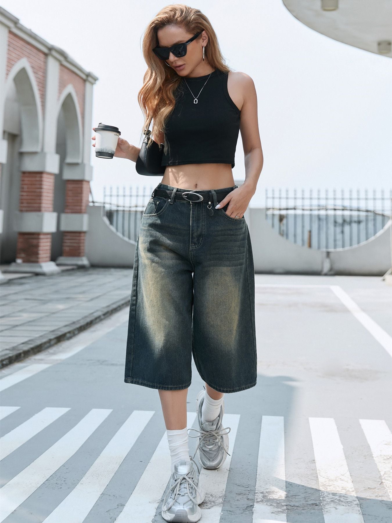 Vintage Wash Wide Leg Denim Shorts